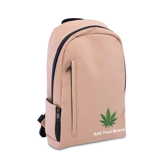 smell proof backpack nylon pink side angle multiple pockets