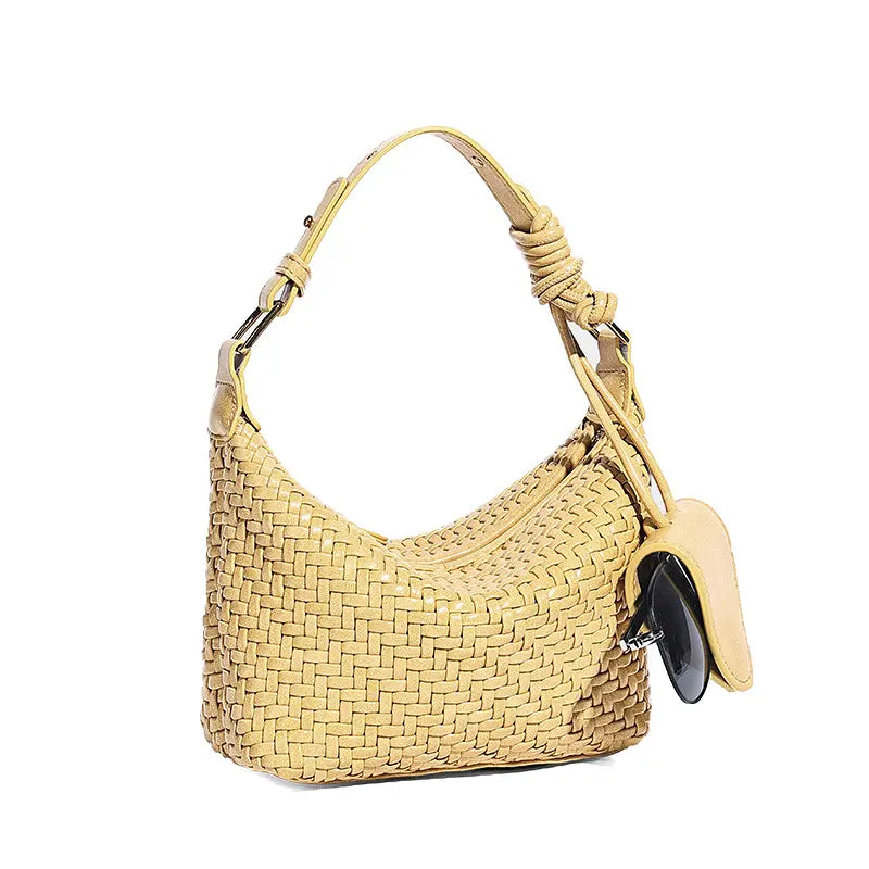 Woven PU handbag in Yellow front view with dual top handles