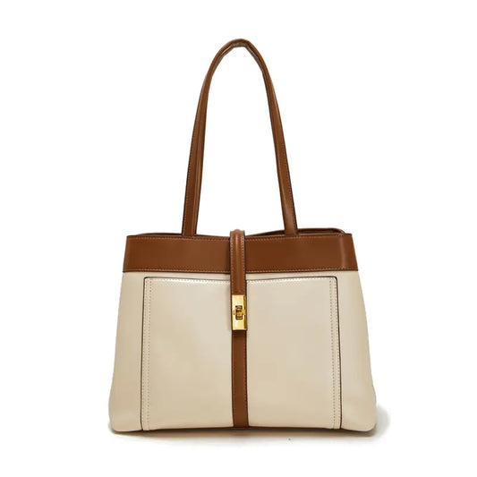 Canvas tote bag with PU leather trim white and brown front view designer tote
