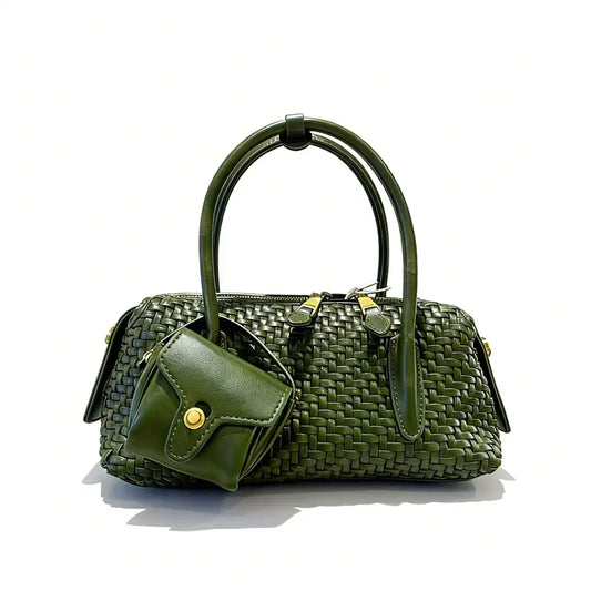Ivory woven PU leather handbag front view
