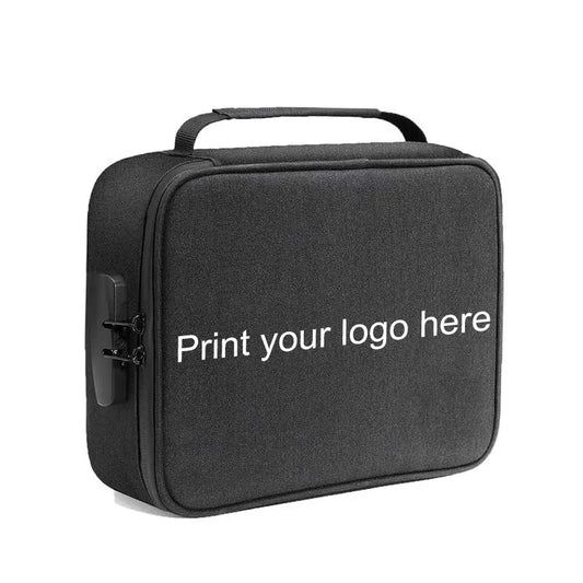 Person holding smell proof case by top handle showing portable size