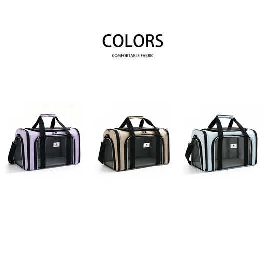 Foldable pet carrier available in lavender, khaki and light blue colors for OEM wholesale
