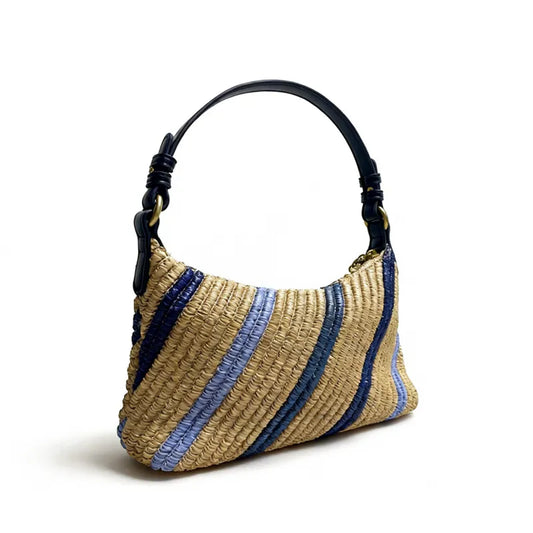 raffia straw shoulder bag beige blue stripes 360 view