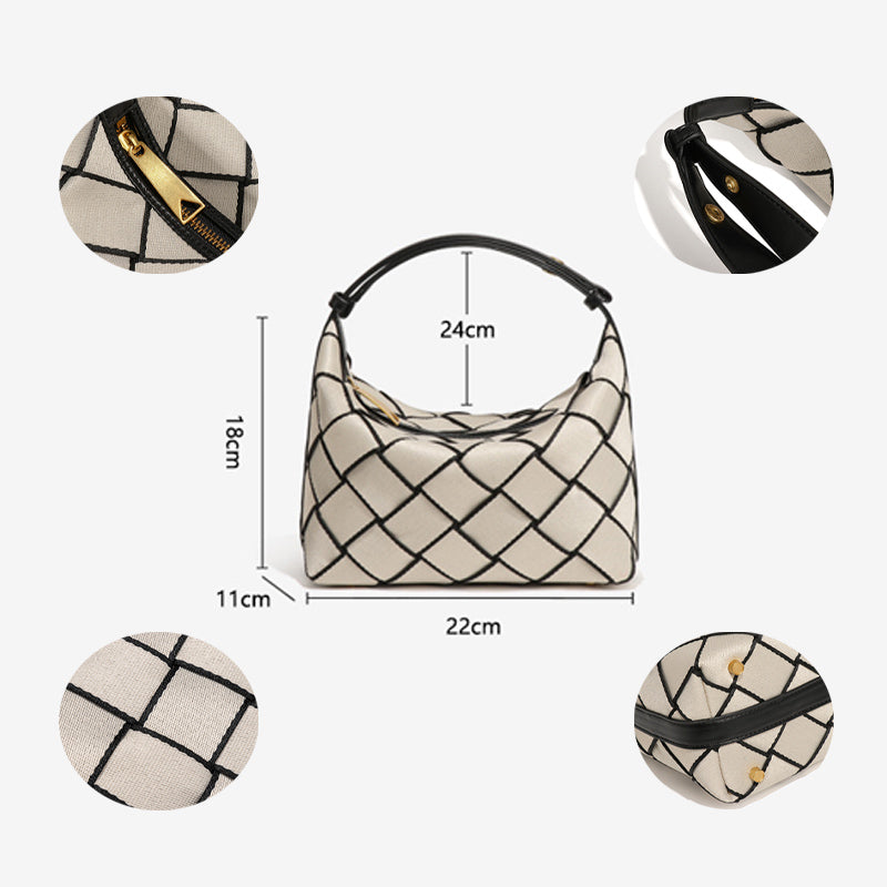 Detailed size chart of woven nylon shoulder bag RANGE1134, ideal for custom handbag specification reference.