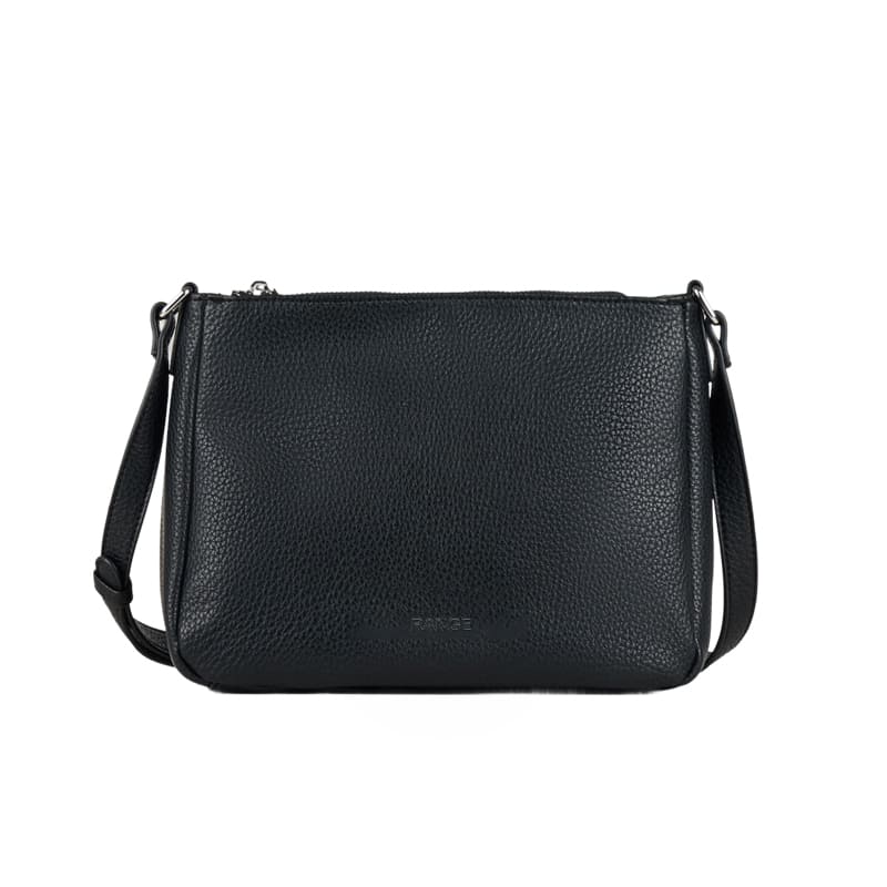 Elegant black synthetic leather shoulder bag with multiple compartments, available for OEM and ODM private label production.