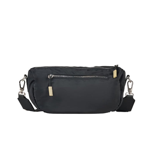 Stylish crescent moon-shaped nylon bag featuring front, rear, and main compartments, ideal for private label production.