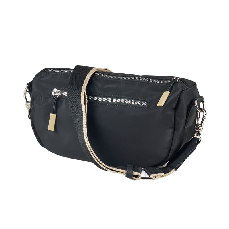 Modern black crescent shoulder bag with zipper closure and reinforced stitching, perfect for personalized manufacturing projects.