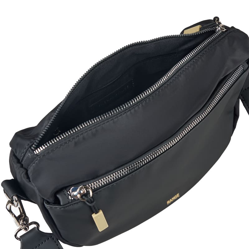 High-quality black nylon moon-shaped bag with brown accent details, offering full customization for international brands.