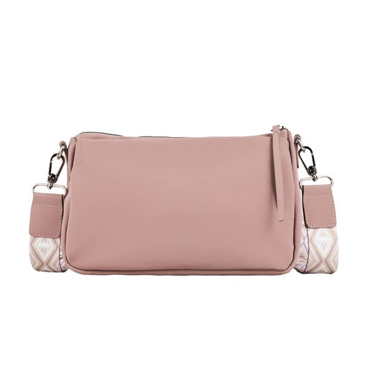 Trendy camel PU shoulder bag featuring a colorful adjustable strap, designed for private label and custom manufacturing.