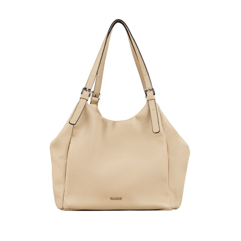 Spacious camel beige eco-leather shopper shoulder bag with double adjustable handles, available for OEM and ODM customization.