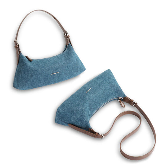 "Blue denim fabric handbag shown from multiple angles, suitable for custom branding and bulk production orders."