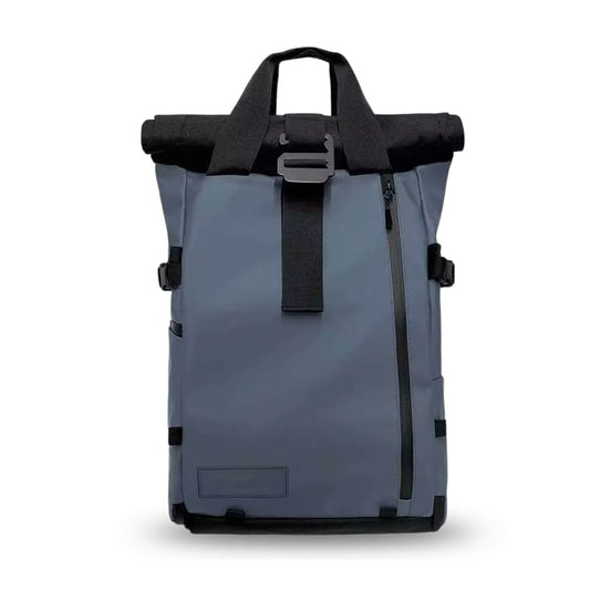 Weatherproof blue camera backpack with built-in cube and laptop sleeve, co-developed by UNCOEUR and RANGE for OEM production.