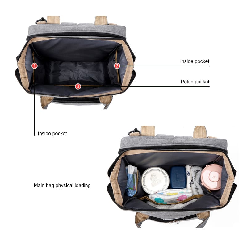 A Grey Multi-Function Diaper Bag For Mom Baby Bag Large Capacity Mom Backpack structure