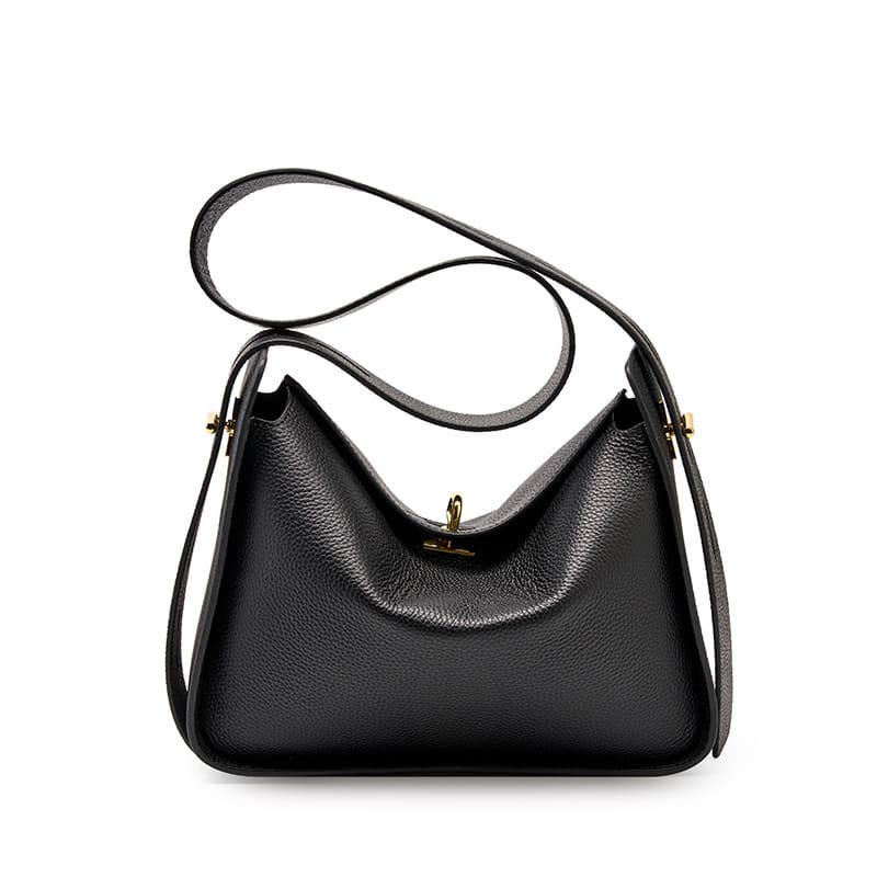 A Black Litchi Grain Leather Wide Strap Hobo Twist-Lock Crossbody shoulder bag
