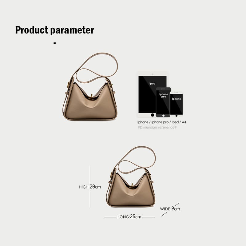 A grey Litchi Grain Leather Wide Strap Hobo Twist-Lock Crossbody shoulder bag parameter