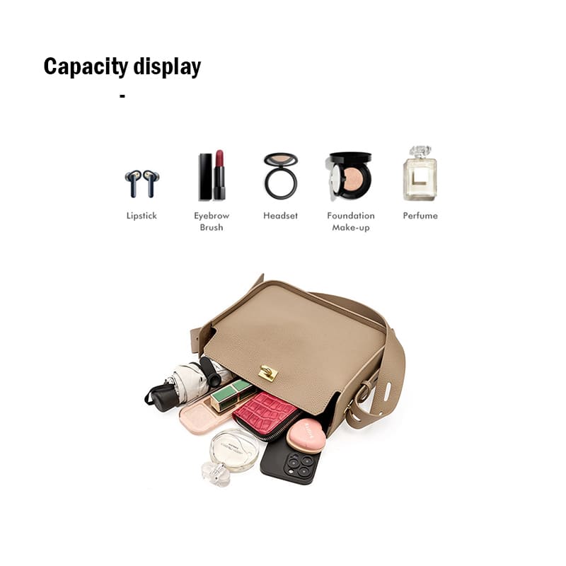 A grey Litchi Grain Leather Wide Strap Hobo Twist-Lock Crossbody shoulder bag capacity