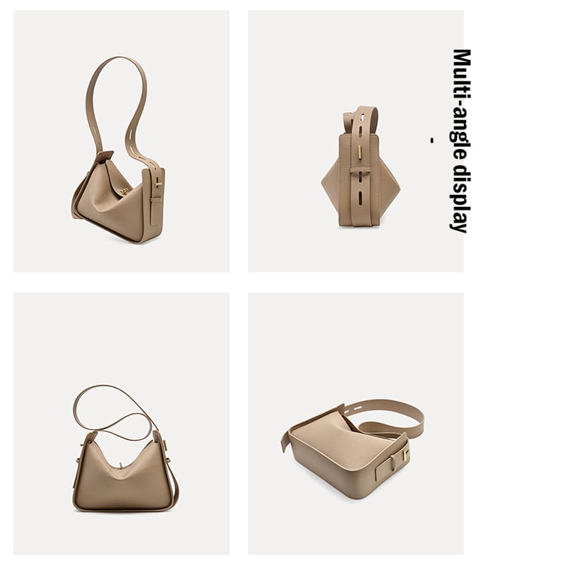 A grey Litchi Grain Leather Wide Strap Hobo Twist-Lock Crossbody shoulder bag multi angle display