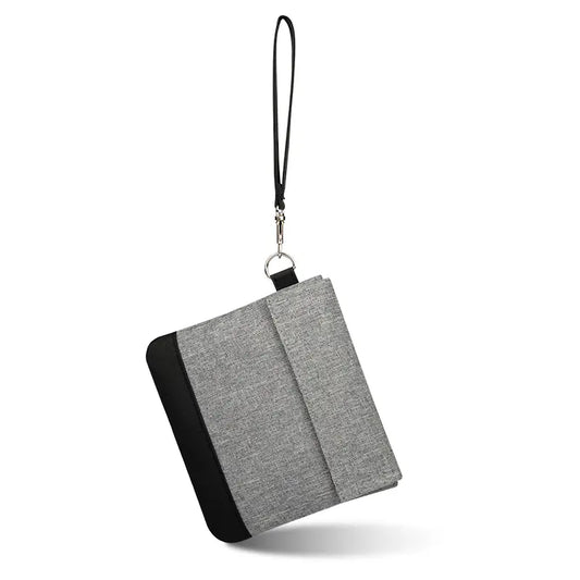 Gray carbon fiber smell proof pouch with black wrist strap and metal clasp