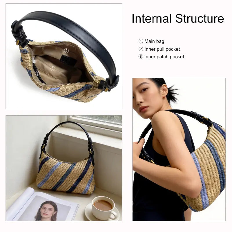 raffia woven hobo bag detachable strap detail