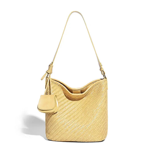 Woven Tote Bag in Yellow front view with adjustable shoulder strap
