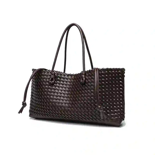 Woven tote bag handle attachment detail