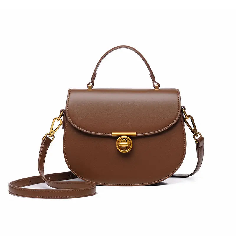 PU leather saddle bag chocolate brown front view designer crossbody bag