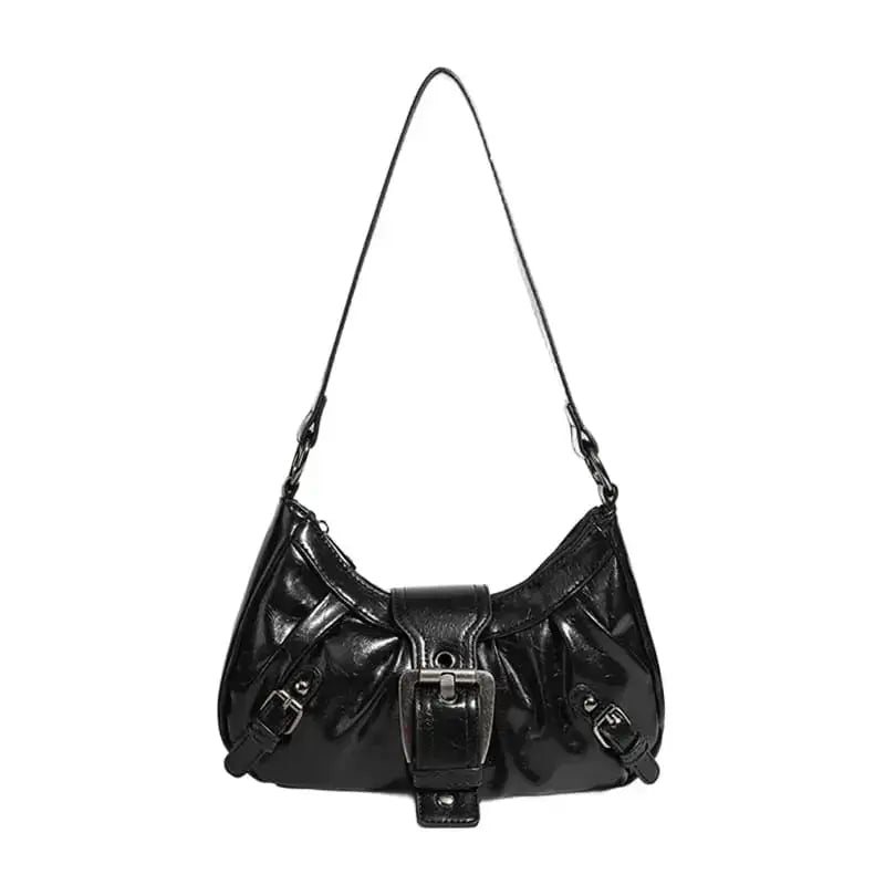 Retro underarm shoulder bag with vintage metal buckle PU-Black