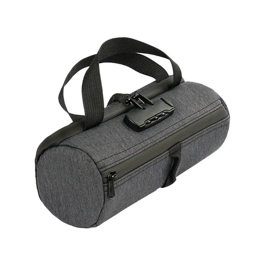 Closed view of smell proof bag showing combination lock and top handle