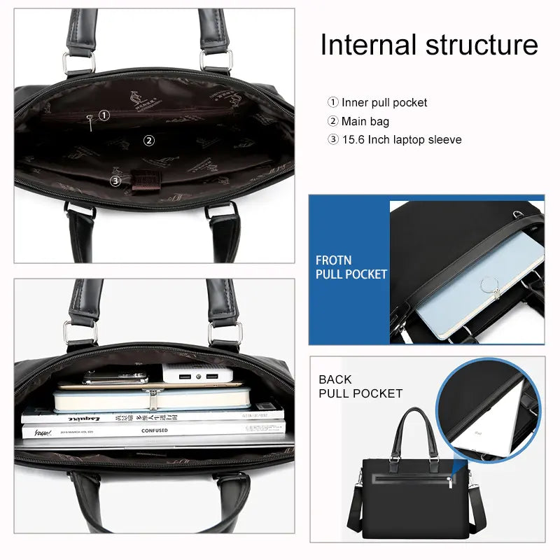 Internal structure showing inner pull pocket main bag 15.6 inch laptop sleeve