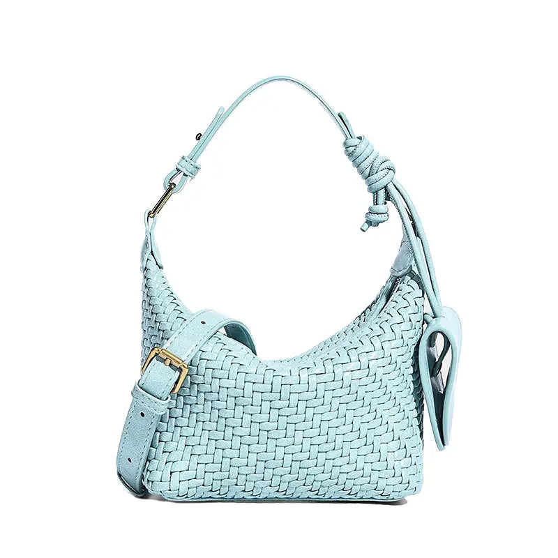Woven PU handbag in Blue front view for fashion handbag collection