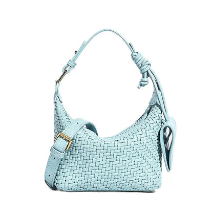 Woven PU handbag in Blue front view for fashion handbag collection