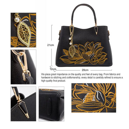Chinese Traditional Lotus Embroidered Handbag Black Front View - Golden Lotus Design with Leaf Pearl Charm