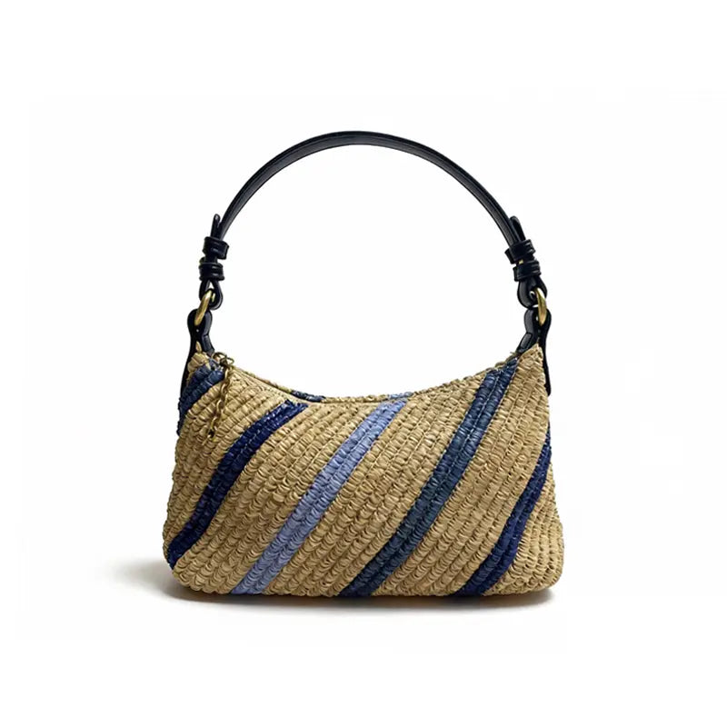 raffia straw shoulder bag beige blue stripes 360 view