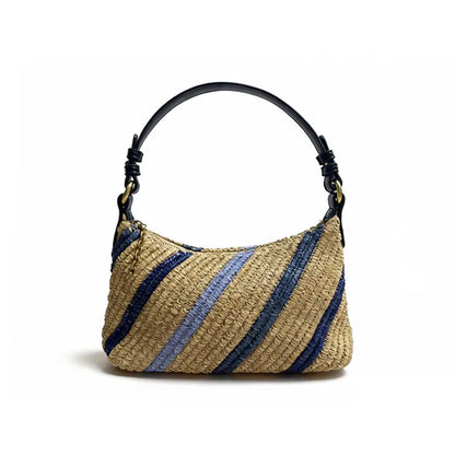 raffia straw shoulder bag beige blue stripes 360 view