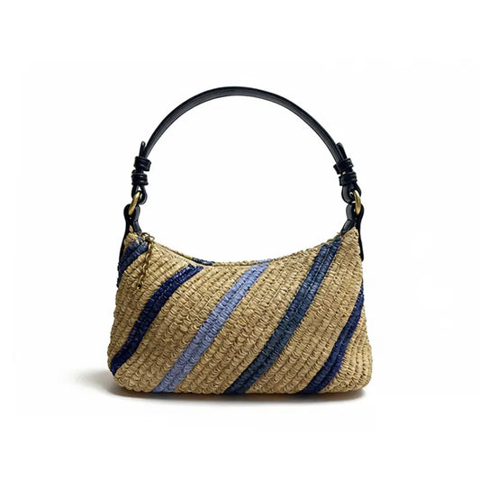 raffia straw shoulder bag beige blue stripes 360 view
