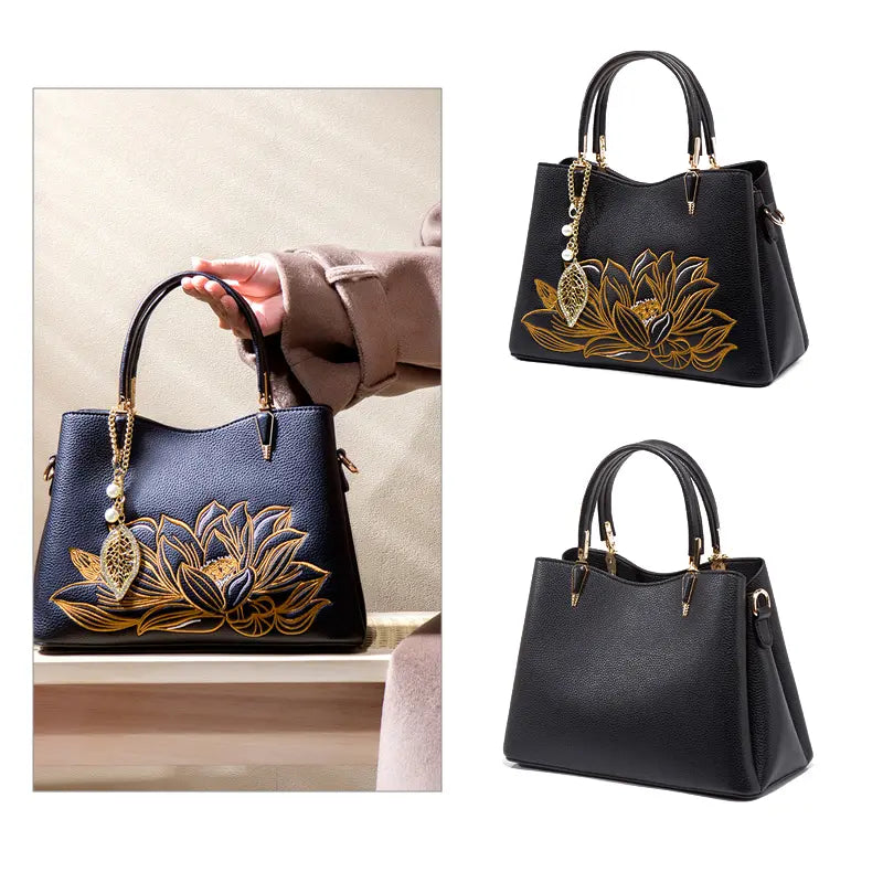 Close-up of Golden Lotus Embroidery - Detailed Stitching on Black PU Leather