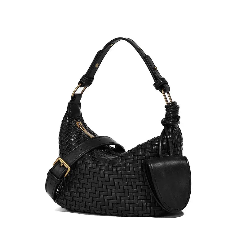 Woven PU handbag in Black Gray front view with woven texture
