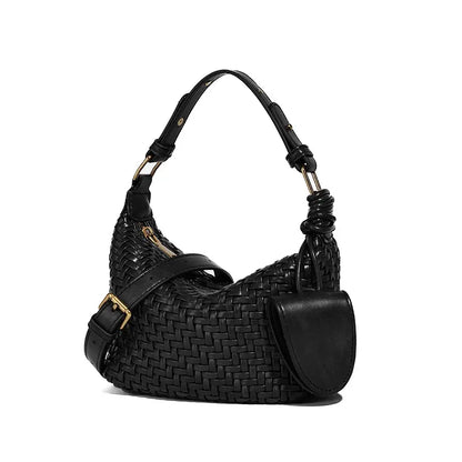 Woven PU handbag in Black Gray front view with woven texture
