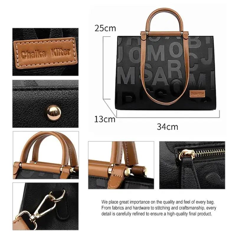 Letter embossed PU handbag texture and metal feet detail