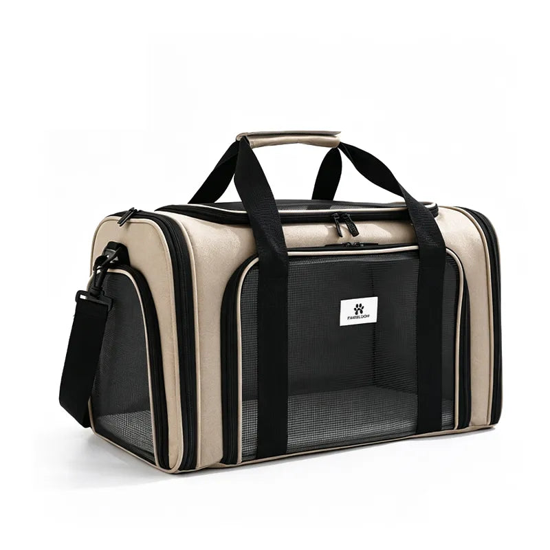 Khaki wholesale pet carrier with mesh windows and padded top handle
