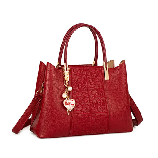 Red Embroidered Handbag Worn as Crossbody with Detachable Strap - Daily Commute Style