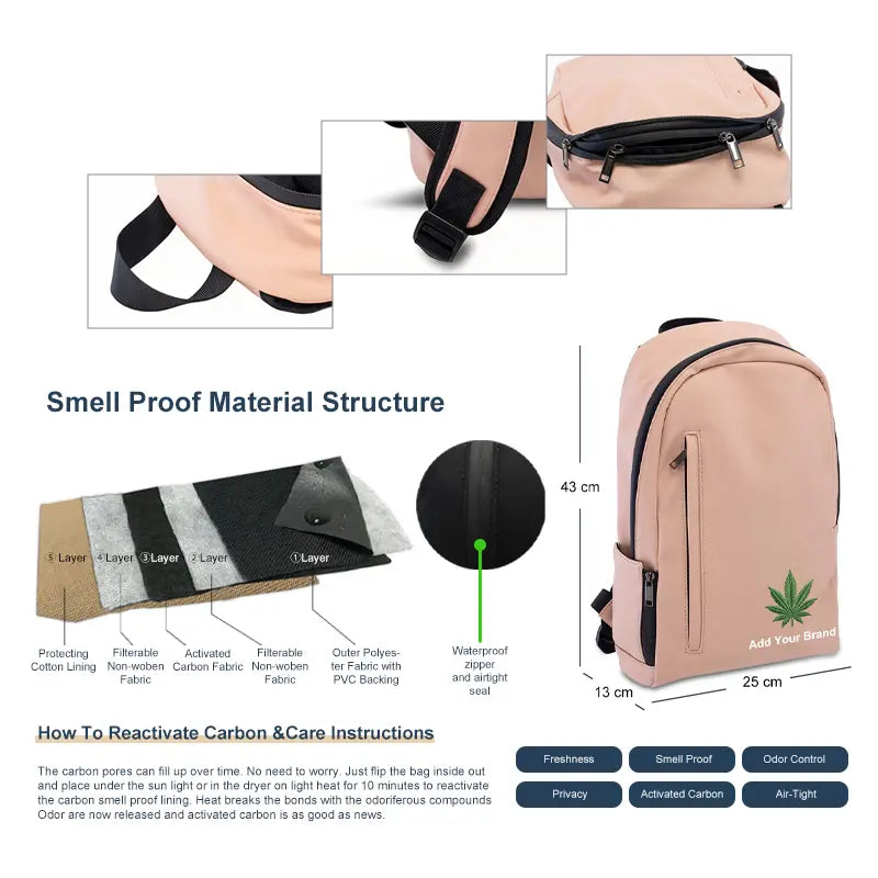 smell proof backpack nylon pink details custom branding area