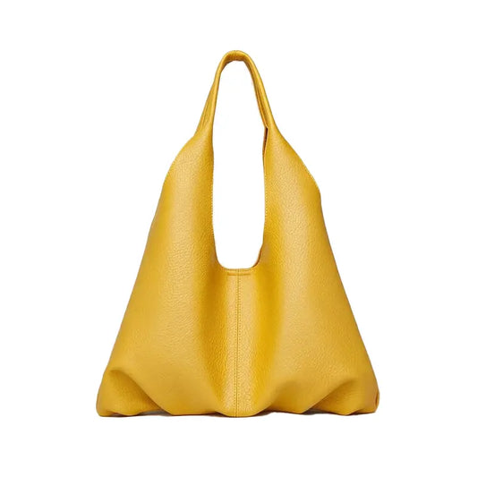 Soft PU Leather Hobo Tote Bag Yellow - Front View - Litchi Grain Texture