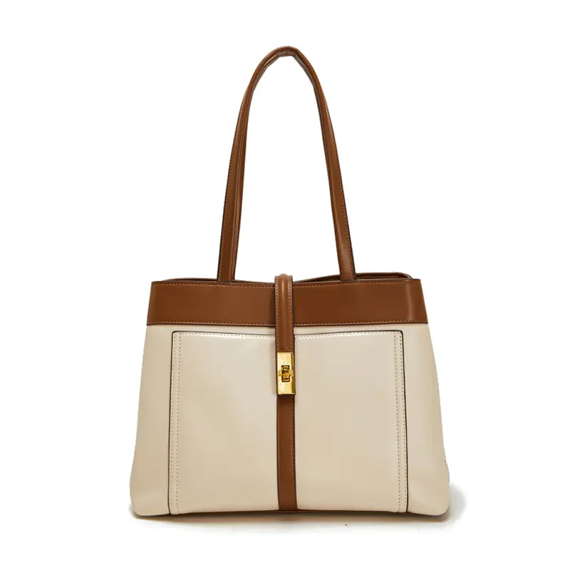 Canvas tote bag with PU leather trim white and brown front view designer tote