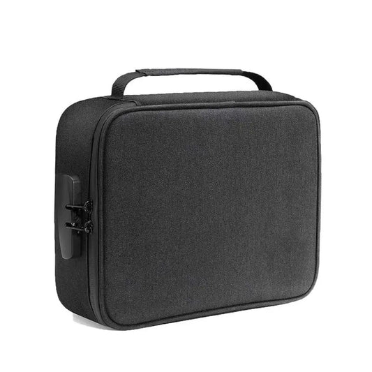 Black rectangular smell proof case with 3-digit combination lock on side