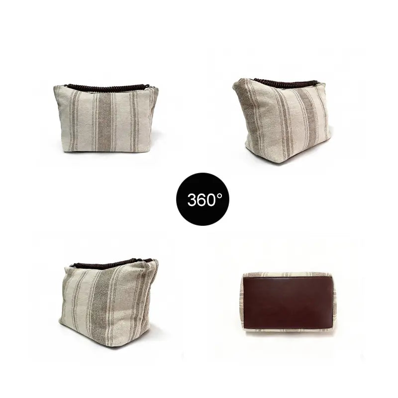 Striped canvas shoulder bag internal structure with main bag and inner pockets