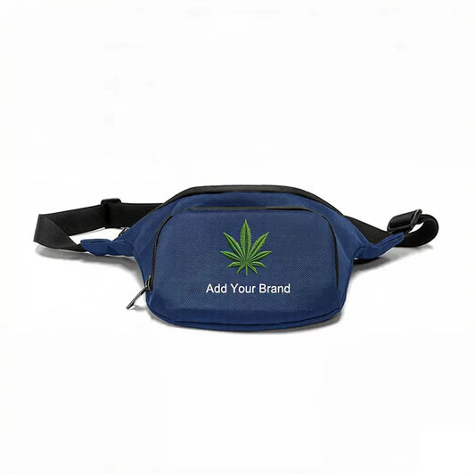 smell proof waist bag custom navy blue hemp leaf design front view