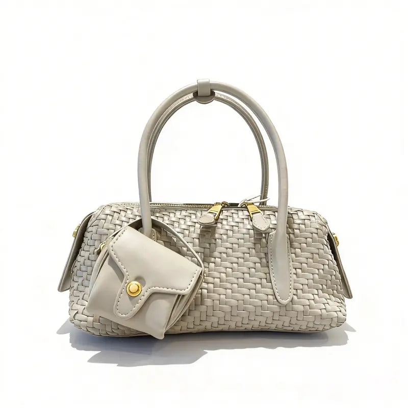 Woven handbag color options in brown olive green and ivory