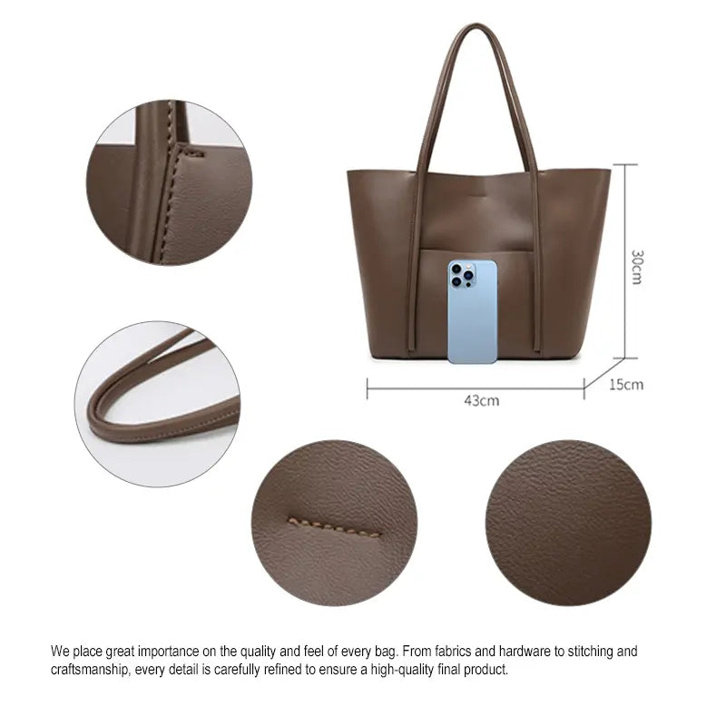 PU leather tote bag size and detail 43x15x30cm dimensions and stitching