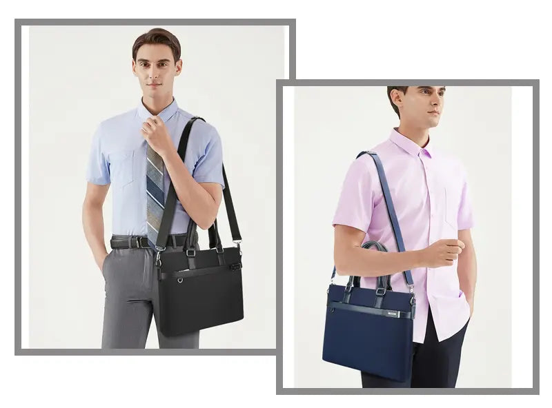 Man carrying black briefcase by shoulder strap - professional business lifestyle